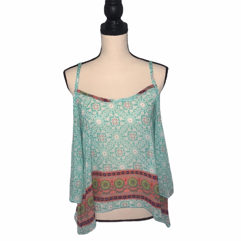 Nabee Boho Cold Shoulder Blouse Small Tiffany Blue Bell Sleeve Floral Print